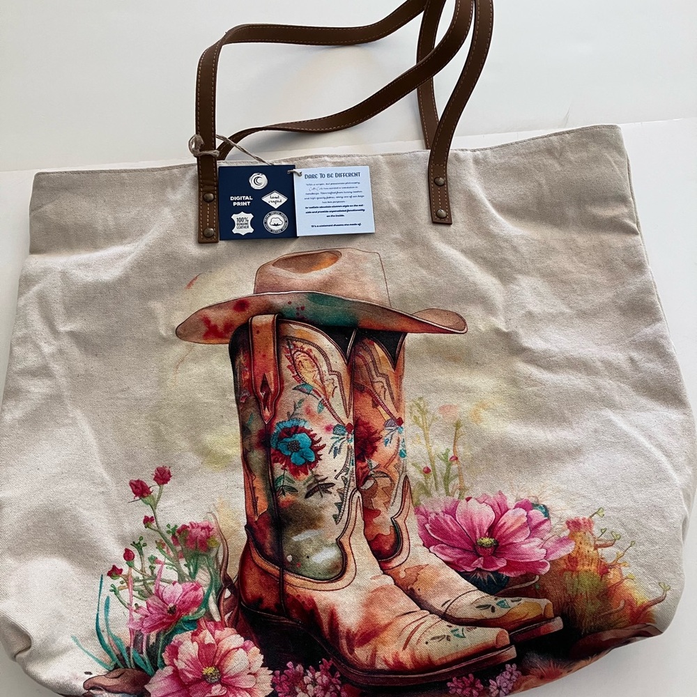 Floral Cowboy Boot Print Tote Bag